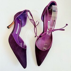 Manolo Blahnik Plum Purple Suede Leather Leyan 70mm ankle tie pumps EU 40.5